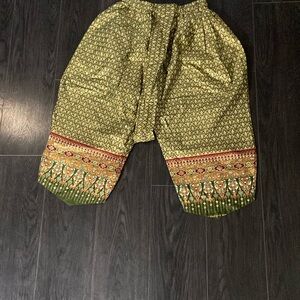Traditional Thai Green Patterned Pants with Red and Gold Accents